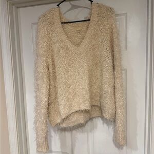 Fuzzy Cream V-Neck Women's Sweater
